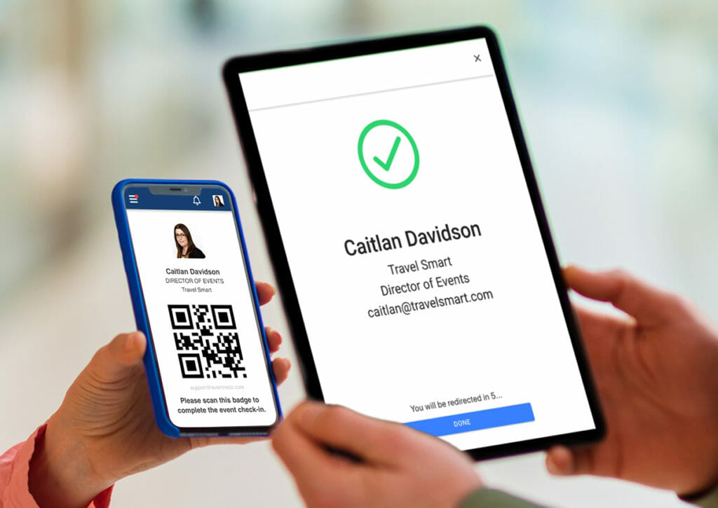 A person with an iPad scans the details of an event attendee, using a QR code and EventMobi's badge design software.