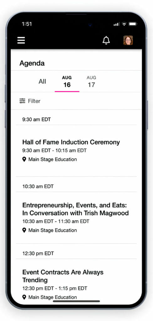 A screenshot of the CMEE Mobile Event App's Interactive Agenda, with session names, locations, times, and additional information. 