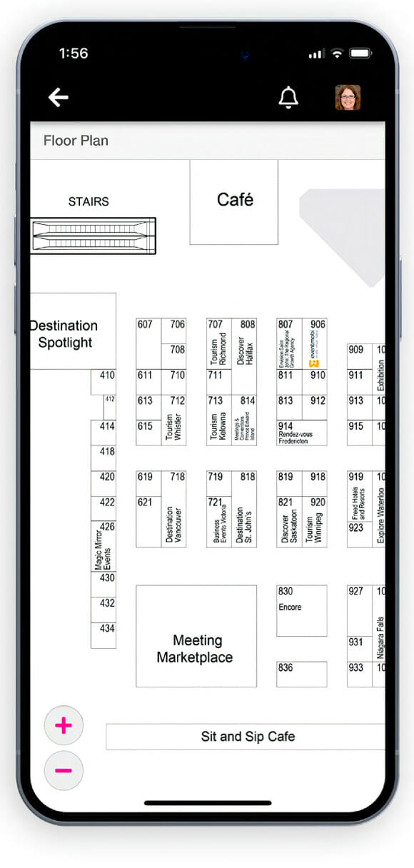 A screenshot of the CMEE Mobile Event App's Interactive Event Map showcasing the event's floor plan, key locations and exhibitor booths.