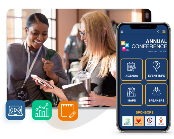Two attendees chatting and using a mobile event app. An overlay shows the phone with Annual Conference branded screen showing options for Agenda, Event Info, Maps, Speakers, Sponsors, and other features. Icons for live-streaming video, analytics, and appointment booking.