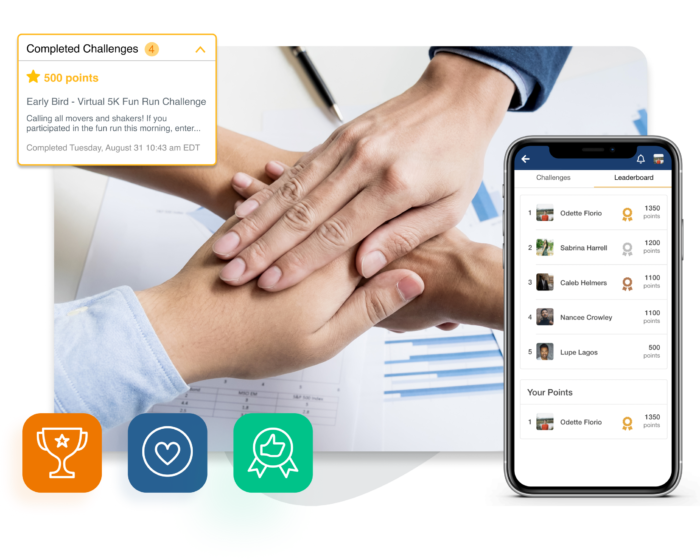 Four people's hands clasp together in gesture of unity and camaraderie. Overlays show Completed Challenges UI and a phone displaying Leaderboard of top scoring team members.