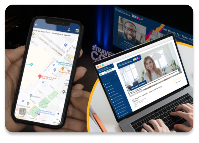 Eine Hand hält ein Telefon, das einen interaktiven Lageplan des Veranstaltungsorts zeigt, mit einer großen Veranstaltungsbühne mit passender Live-Anzeige im Hintergrund. Ein Ausschnitt zeigt den Laptop eines Teilnehmers, der sich von zu Hause aus in die Hybrid-Veranstaltung eingeloggt hat, mit einem produzierten Livestream und einer Event Space-Webschnittstelle auf dem Bildschirm.