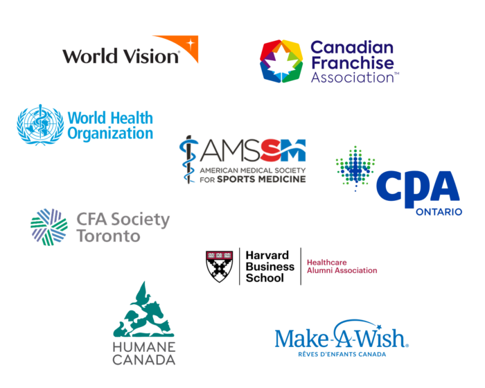 Logos of some of the associations who are happy EventMobi customers, such as World Vision, Make-A-Wish, World Health Organization, Harvard Medical School, and several more.