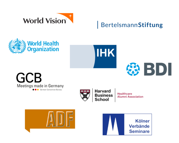 Logos einiger Verbände, die zufriedene Kunden von EventMobi sind, wie World Vision, WHO, Bertelsmann Stiftung und viele andere.