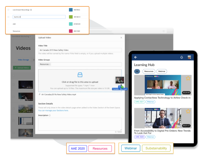 Image: A screengrab of a video being uploaded to the Experience Manager, a Video Library titled “Learning Hub” displayed on a tablet, and two popups showing a virtual event space’s video library groups.