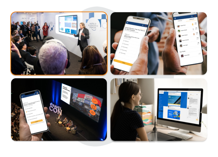 Four panels: one showing a standing-room-only crowd watching a presentation, one of attendees networking and holding phones with event apps, one of a live poll being used during Q&A at an event, and one of an attendee participating from home on their computer.