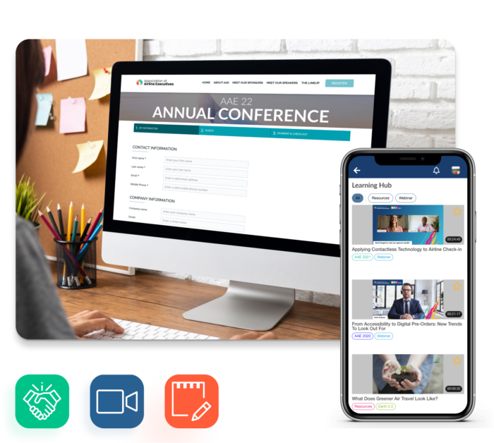Member uses desktop computer to view Annual Conference event details. A phone shows multiple on-demand video sessions.