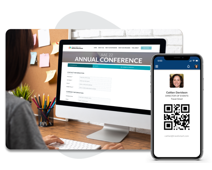 An event attendee registering for an annual conference on her desktop. A phone screen displaying the event attendee’s badge.