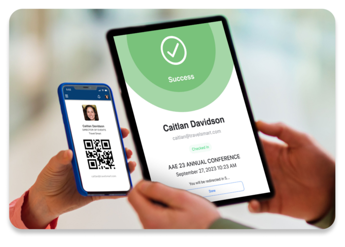 A phone screen showing an attendee's event badge. Another tablet checks the attendee in.