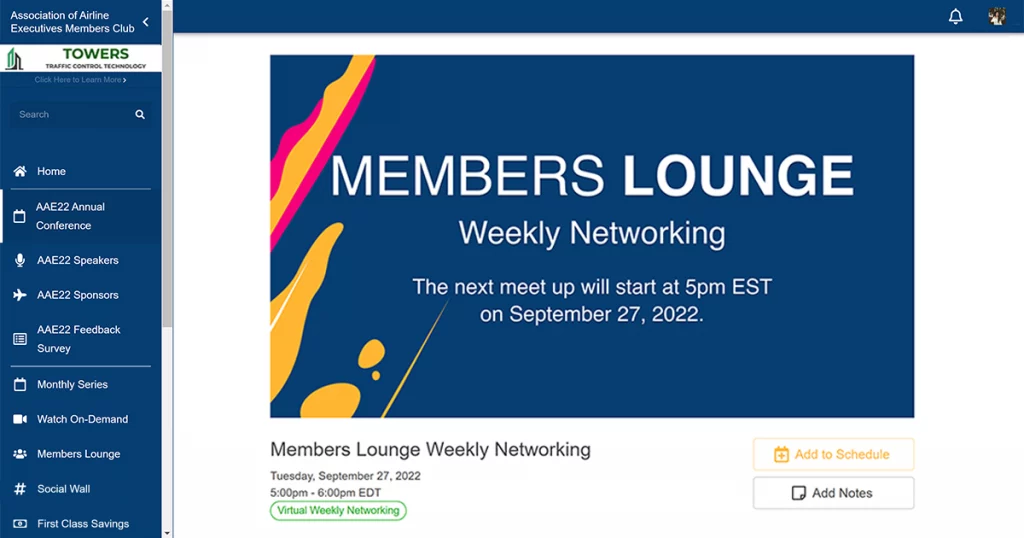 Screenshot einer Event-Community-Startseite, hier eine Members Lounge für wöchentliche Networkingtermine.