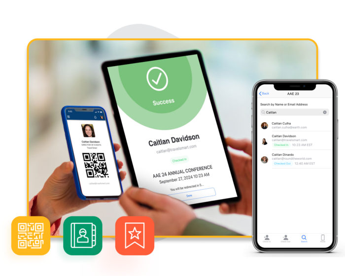 Ein Telefonbildschirm mit dem Event-Badge eines Teilnehmers. Ein Tablet-Bildschirm checkt den Teilnehmer ein. Ein dritter Telefonbildschirm zeigt die Suchleiste der App eines Event-Organisators an, die hilft, den Check-in-Status eines Teilnehmers zu suchen.