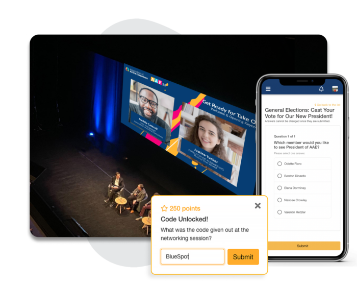 An in-person event with a live audience, with a popup of a mobile phone showing a poll. Another popup shows one of the gamification challenges of the event.