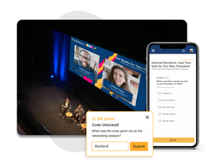 An in-person event with a live audience, with a popup of a mobile phone showing a poll. Another popup shows one of the gamification challenges of the event.