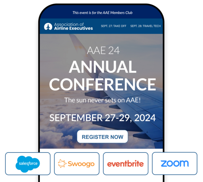 A mobile phone showing a registration landing page, with pop-ups of different apps that EventMobi can integrate with, including Salesforce, Swoogo, Eventbrite, and Zoom.