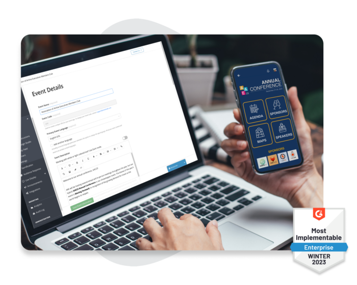 A laptop showing the experience manager, and a mobile phone showing the EventMobi Event App’s home screen.