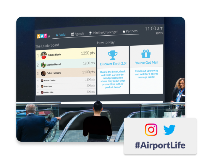 A Live Display at an in-person event, showcasing a leaderboard, a message from the event’s sponsor, and a notification to attendees. A popup displays the event’s hashtag #AirportLife.