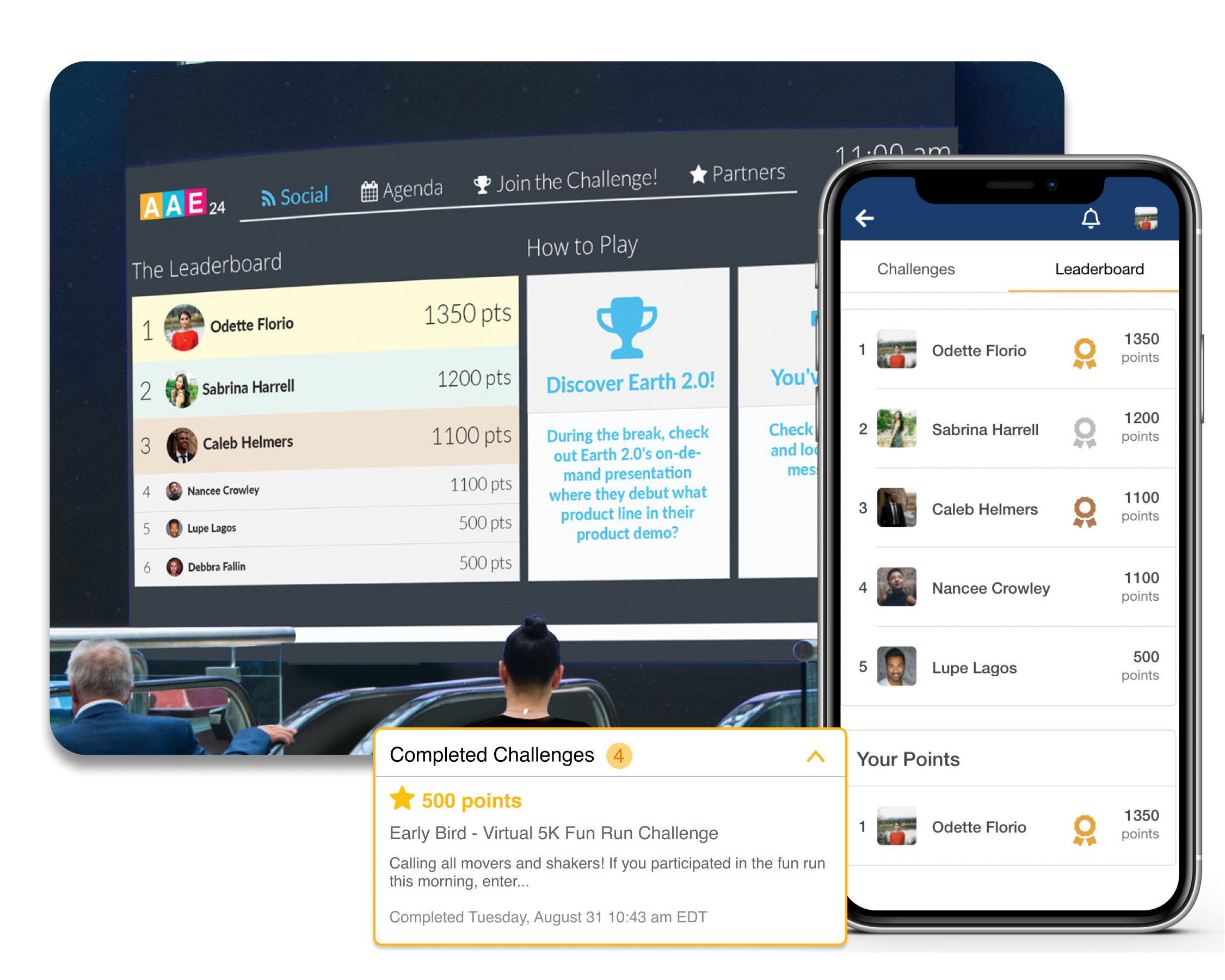 A Live Display at an event showcases the Leaderboard and How to Play instructions. A phone screen shows the same Leaderboard with players ranked by points.