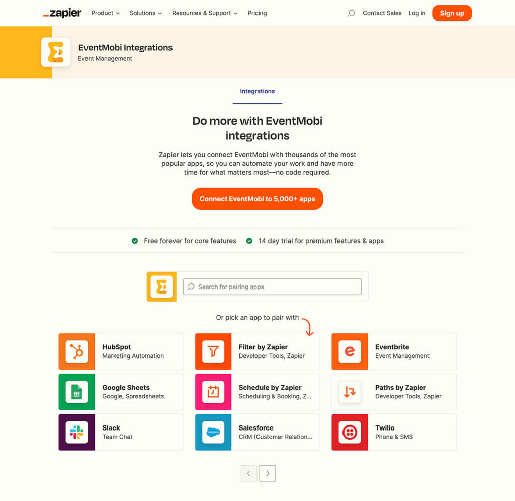 Desktop screenshot of the Zapier website detailing EventMobi's integrations. 