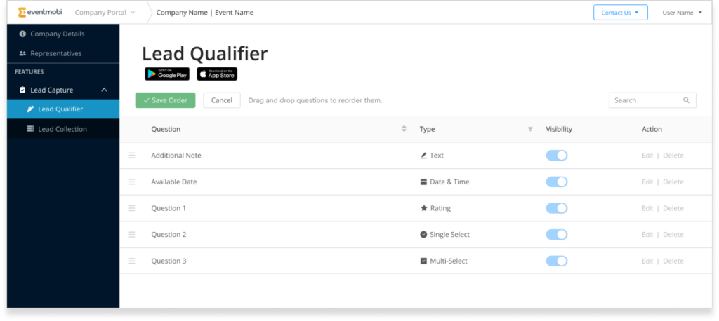 The backend of the EventMobi Lead Capture Portal with customizable lead qualification questions. 