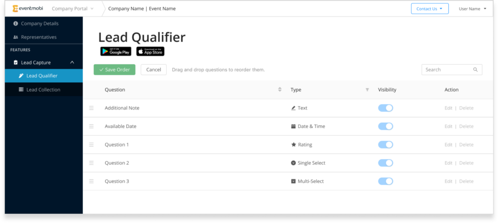 EventMobi-Lead-Capture-Portal-Screenshot mit der Option für individuelle Fragen zur Lead-Qualifizierung.