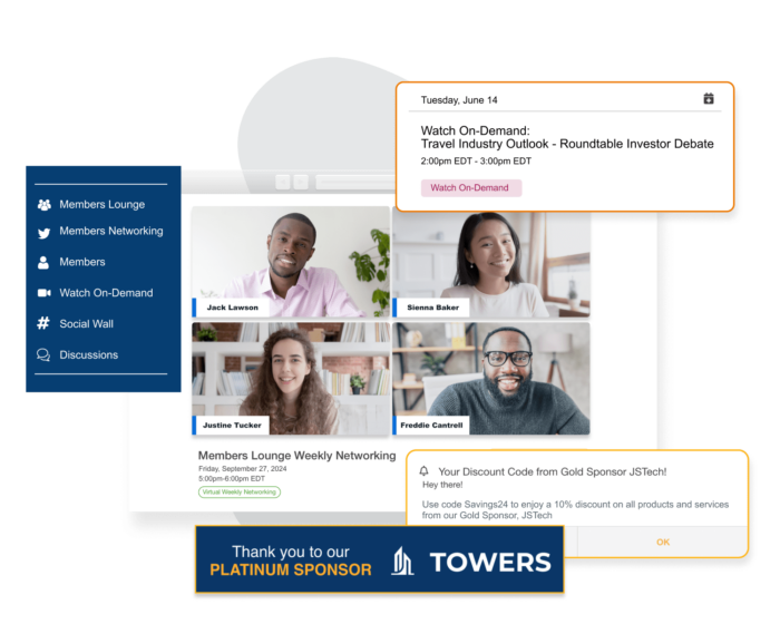 A side navigation showing a list of networking options, a browser showing an active virtual networking session, a popup of a watch on-demand session, another popup of a push notification, and an image of the virtual event's platinum sponsor.