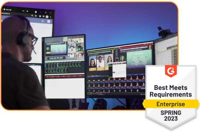 Professional managing multi-screen video production and streaming studio setup, paired with G2 badge for Best Meets Requirements (Enterprise) Spring 2023