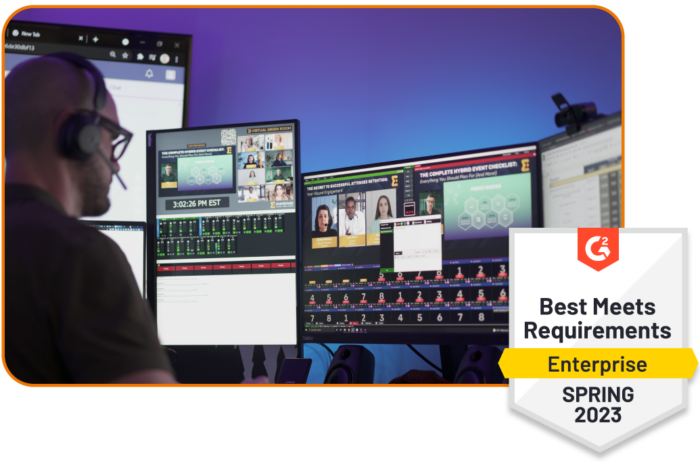 Professional managing multi-screen video production and streaming studio setup, paired with G2 badge for Best Meets Requirements (Enterprise) Spring 2023