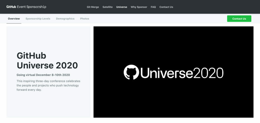 Event-Website der Veranstaltung GitHub Universe 2020