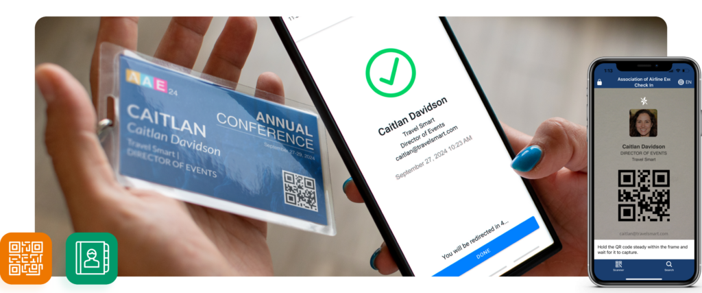 An event badge with a QR check in code and a phone screen shwing that the attendee has been successfully checked-in. 