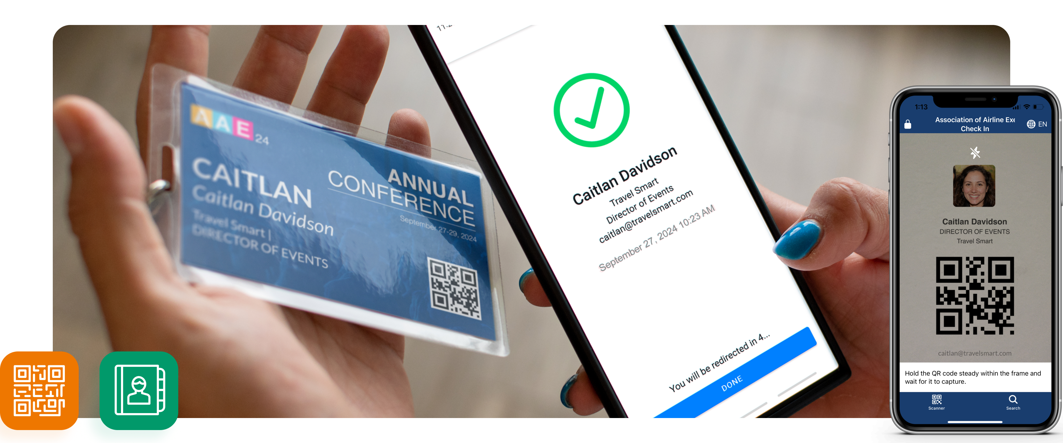 An event badge with a QR check in code and a phone screen shwing that the attendee has been successfully checked-in.