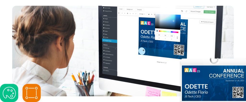 Screenshot of EventMobi badge designer, showing an example conference badge with a QR code.