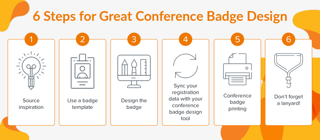 This graphic shows several steps for designing great conference badges for your event, all of which are explained in the text below.