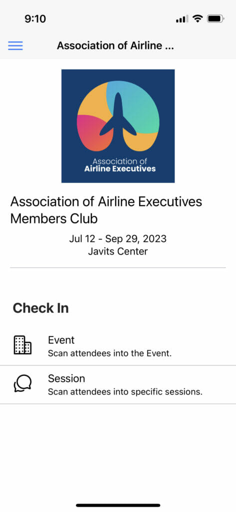 Mobile screenshot of EventMobi's Check-in App, with a title of the event at the top and check in options by event or session listed beneath.