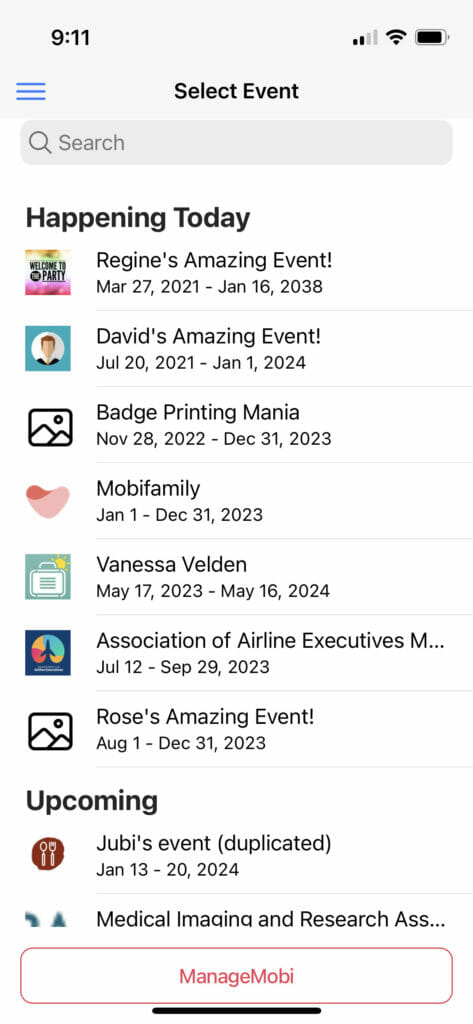 A mobile screenshot of the EventMobi event schedule view, showing a list of events happening today.