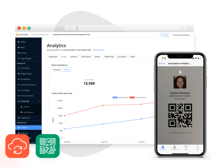 Image: Screenshot of EventMobi's Event Analytics page with data from onsite event check-ins and check-outs.