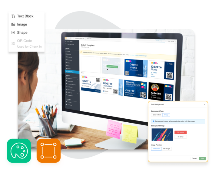 Image: A person at a computer choosing an event badge template from EventMobi's Badge Designer tool.