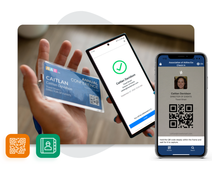 Image: A person using EventMobi's Check-In App to scan the QR code on an attendee's laminated event badge.