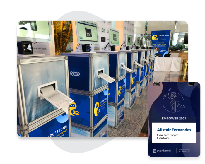 Image: A row of branded self-service badge printing kiosks and a closeup example of a custom event badge.