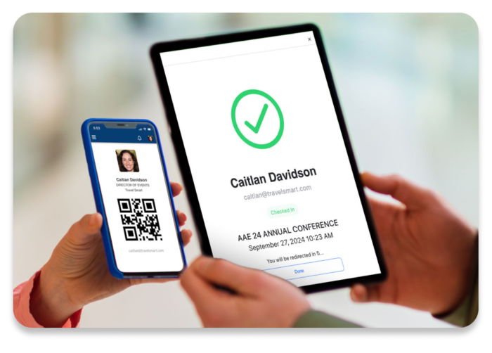 A phone screen showing an attendee's event badge. Another tablet checks the attendee in.