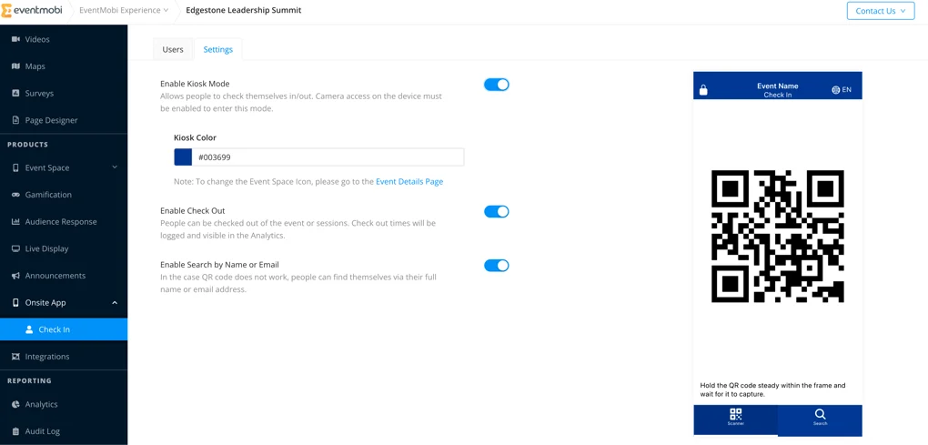 Screenshot of the EventMobi Check In Settings in the Experience Manager, showing an example QR code, kiosk color, and other options.