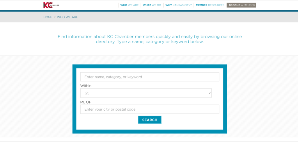 Screenshot of a searchable online member directory for the Chamber of Commerce of Great Kansas City.