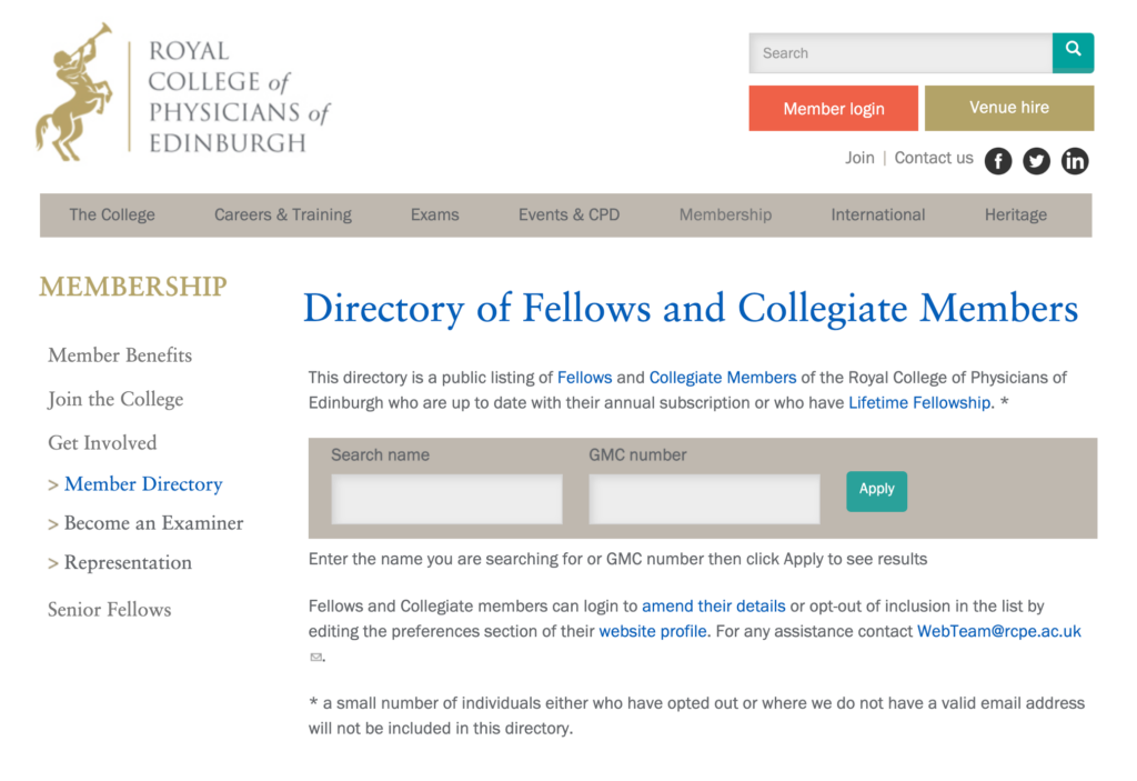 Screenshot of the Royal College of Physicians of Edinburgh's online membership directory.