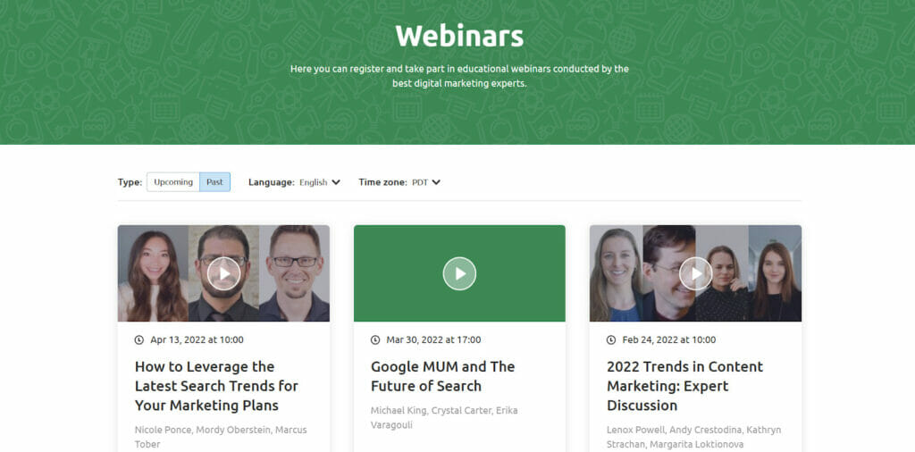 Semrush’s webpage showing their past webinars displayed in a gallery.