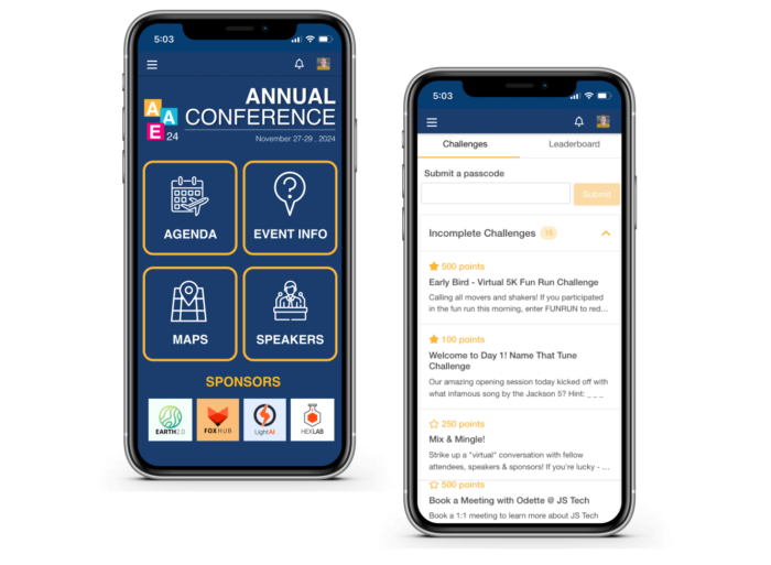 Example screenshots of EventMobi's event apps on mobile