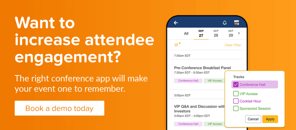 Book a demo to dive into EventMobi’s conference app.