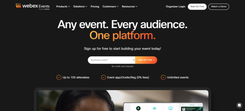 Webex Events' homepage