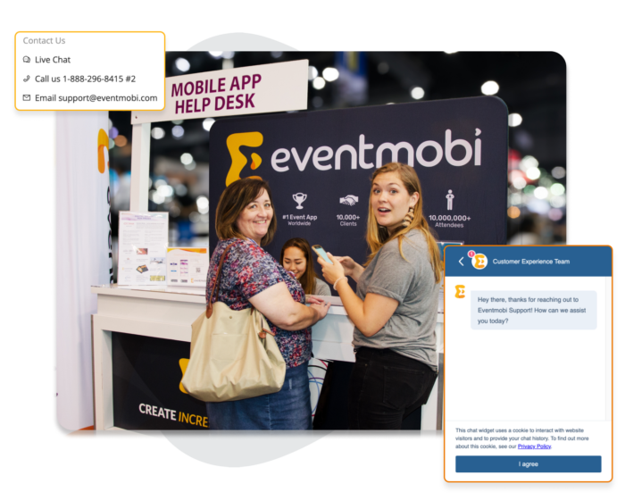 Help desk for EventMobis app: Association event in the photo, next to excerpts from the user view of the event app.