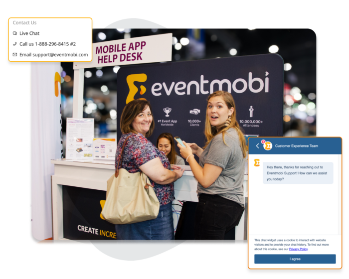 Help desk for EventMobis app: Association event in the photo, next to excerpts from the user view of the event app.