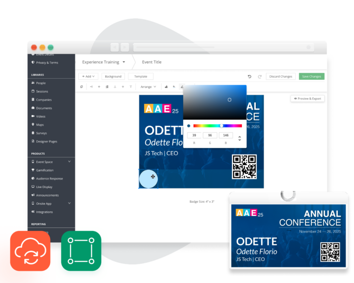 Image: Screenshot of EventMobi's drag-and-drop event Badge Designer software showing an example conference badge with a QR code.
