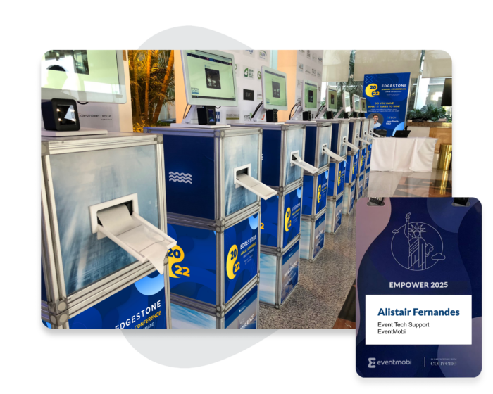 Image: A row of branded self-service badge printing kiosks and a closeup example of a custom event badge.